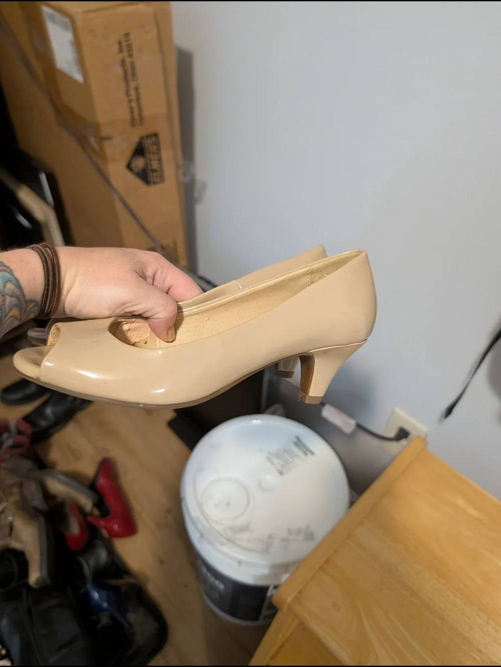 Cityclassified Beige Patent Peep-Toe Pumps
